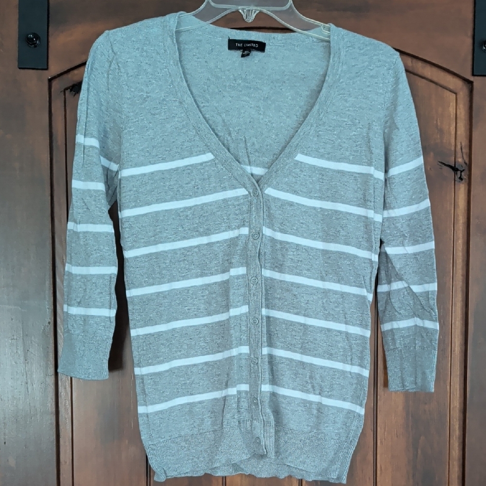 The Limited Gray & White Striped V-Neck Button Cardigan